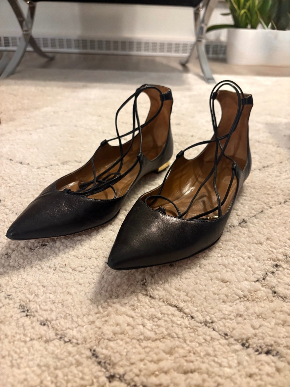 Aquazzura Christy Black Leather Lace-Up Pointed Toe Flats
